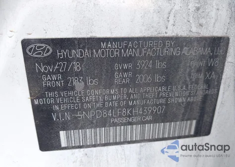 2019 Hyundai Elantra Sel z USA, uszkodzony, nr VIN 5NPD84LF8KH439907